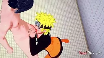 Jouer Naruto yaoi - Naruto & Sasuke font l'amour dans les toilettes de l'école et jouissent dans sa bouche et son cul. creampie anal à cru 1/2
