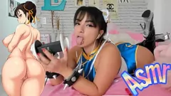 Play Chun Li Cosplay in Intense ASMR Scene: Erotic Ear Licking, Titsfuck, and Blowjob with a Latina Pornstar
