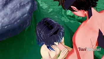 play Naruto kimetsu no yaiba yaoi hentai 3d - branlette kiba & inosuke, pipe et baisée dans onsen 1/2